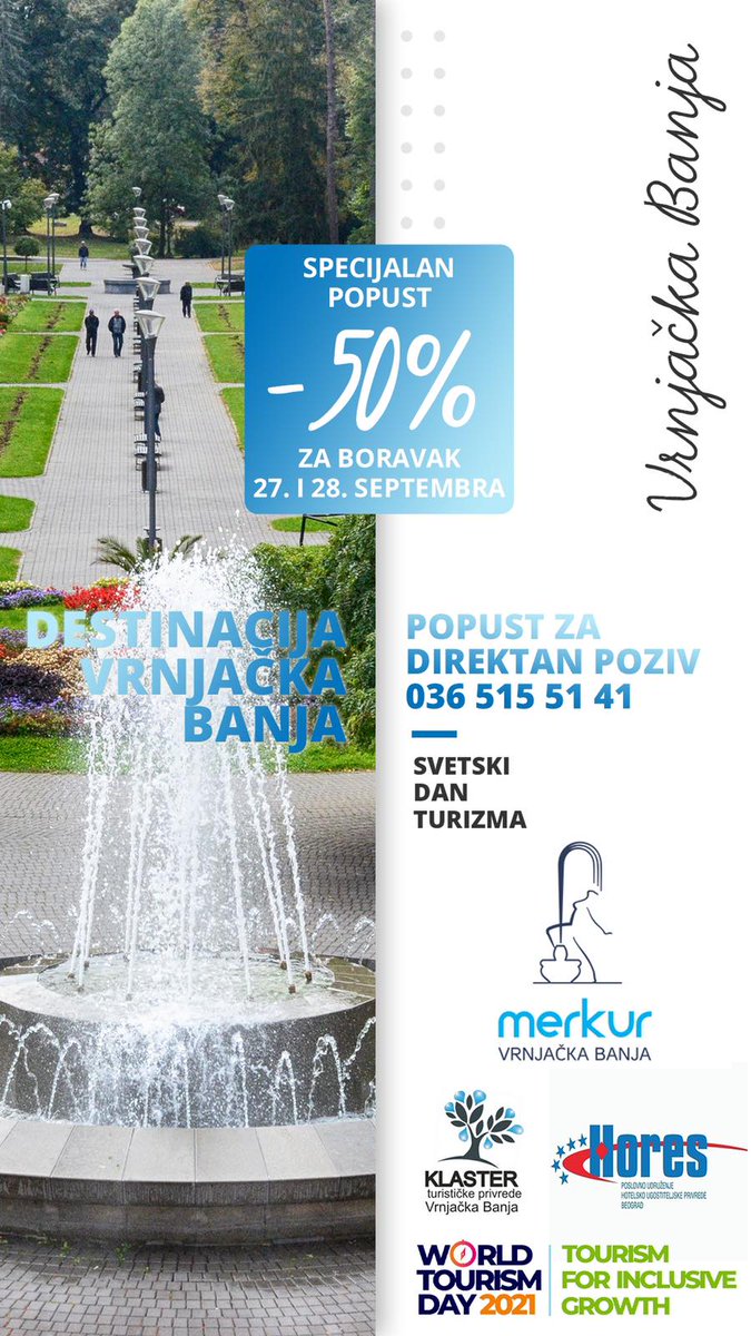 Danas se obeležava 𝐒𝐯𝐞𝐭𝐬𝐤𝐢 𝐝𝐚𝐧 𝐭𝐮𝐫𝐢𝐳𝐦𝐚! 🌍
Tim povodom #Merkur odobrava 𝟱𝟬 % 𝗽𝗼𝗽𝘂𝘀𝘁𝗮 
za boravak 𝟐𝟕. 𝐢 𝟐𝟖. 𝐬𝐞𝐩𝐭𝐞𝐦𝐛𝐫𝐚!🍁🌺☀️
Provedite početak ove jesenje nedelje, u centru Vrnjačke Banje!🚶‍♀️🚴‍♂️🌼