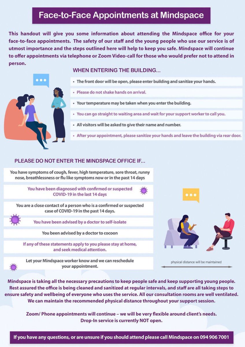 While Mindspace are continuing to support our clients via telephone and video calls, we have also resumed face to face appointments by appointment only. F2F appointments are available in our #Castlebar #Erris and #Ballina offices 🙌🏻