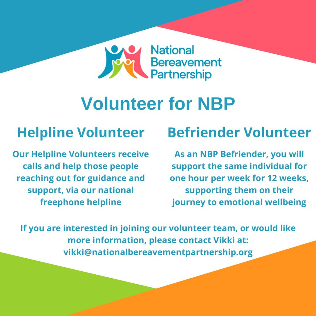 If you have some spare time and would like join our team of wonderful volunteers please contact Vikki at vikki@nationalbereavementpartnership.org for more information #FacingLossTogether #Volunteer