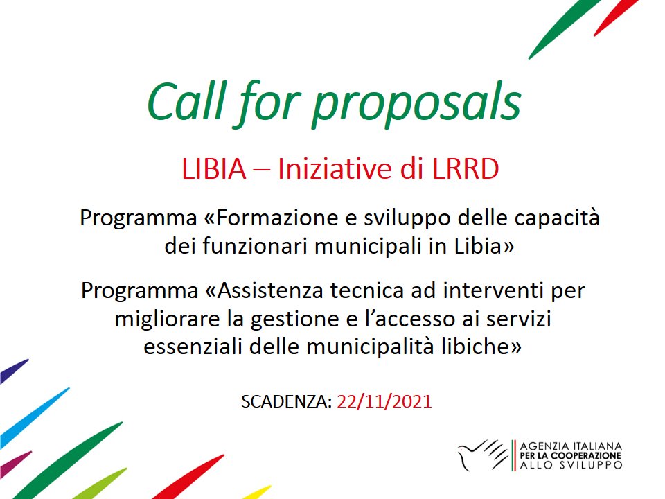 AICS_Tunis's tweet photo. È online il nuovo #bando per iniziative di #LRRD rivolto alle #OSC operanti in #Libia. 
⌛Scadenza: 22 novembre 2021
Tutti i dettagli su 👉 https://t.co/NkjYSvV4uD https://t.co/yl8FeJgLim