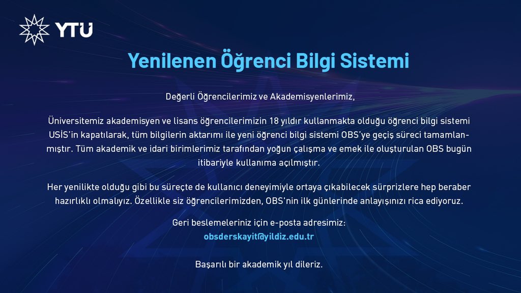 OBS kullanıma açıldı! 💫

Bugün OBS'yle tanışma günü! Gün boyu yeni sistemimize göz atabilir, ders kaydı için gereken kullanıcı adı ve şifreni alabilirsin. 

Geri beslemeleriniz için 👉🏻 obsderskayit@yildiz.edu.tr

Tüm öğrencilerimize başarılı bir akademik yıl dileriz.