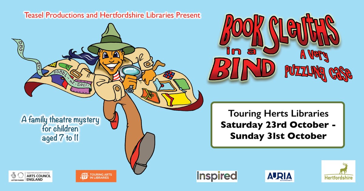 HertsLibraries's tweet image. It’s just one month until the #BookSleuths will be taking centre stage, touring 17 of our libraries 

Have you got your tickets yet?
bit.ly/HertsLibBookSl…  

#LoveHertsLibraries  #Inspired 
@TeaselCreatives
@Ruraltouring
@ace_southeast 
@hertscc

Artwork by Robin Kingsland