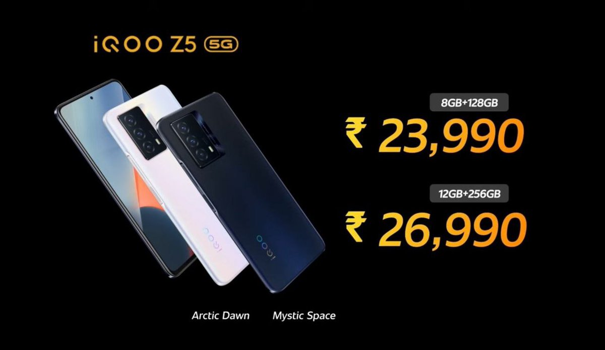 techstuff_90's tweet photo. iQOO Z5 launched in India

- 6.67" FHD+ LCD display
- 120hz refresh rate
- Snapdragon 778G
- android 11
- UFS 3.1
- LPDDR5 ram
- 5000mAh battery 
- 64MP+8MP+2MP
- 16MP
- Side mounted fingerprint scanner 
- Dual stereo speakers

Price
💰8GB+128GB ₹23,990
💰 12GB+256GB ₹26,990 https://t.co/HQ79U8ubkO