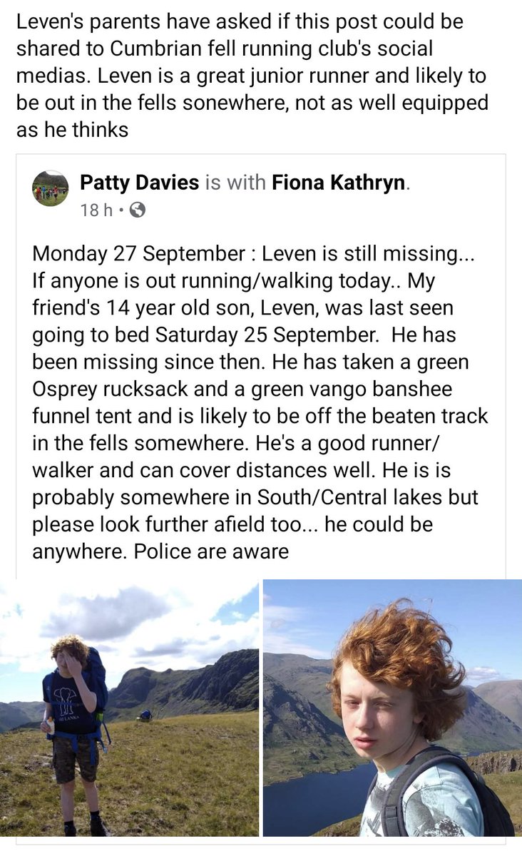 MISSING: Leven is a junior fell runner and has been missing since 25th, please see details in the below photo. Please share and contact police if you know any info