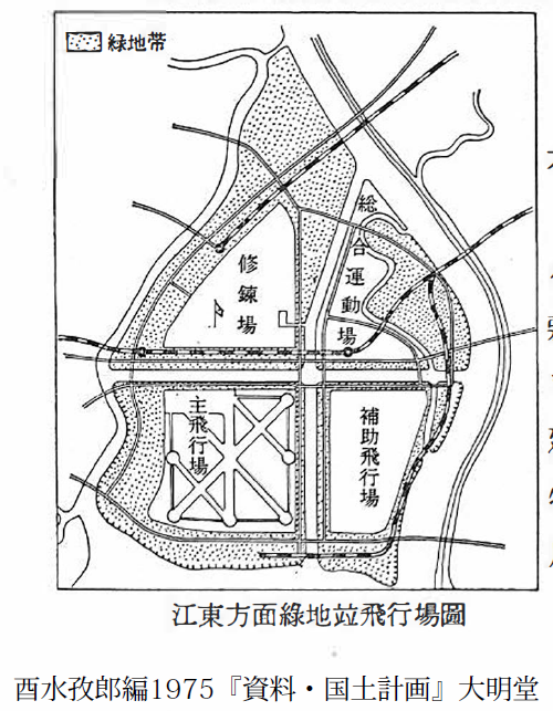昭和18年、東京市市長室による「皇都都市計画（案）」。既に市街化していた、現在の江東区や墨田区を飛行場と運動場、緑地にするという謎プラン。