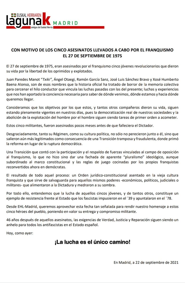 EHLmadrid's tweet photo. Nuestro reconocimiento para los cinco revolucionarios asesinados por el franquismo el 27 de septiembre de 1975.
#27S
#GudariEguna https://t.co/URxcrBAlRF