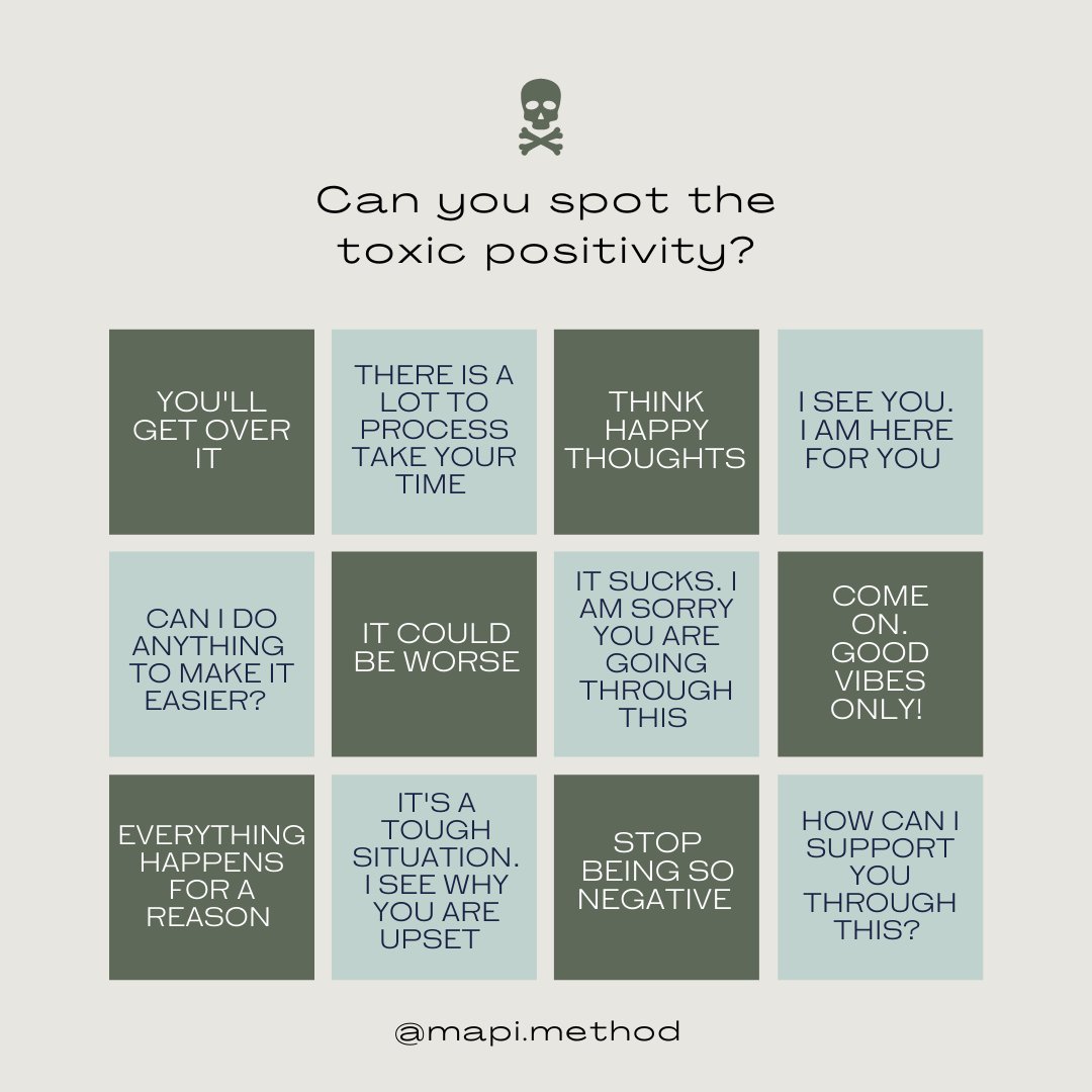 modifylife's tweet image. Sometimes positivity can do more harm than good☠️ making someone feel their problems aren't important. Instead, be brave, listen, and let the other person express how they truly feel. 😁

(Toxic positivity is shown in dark green boxes)

#positivethinking #bestfriendsforever