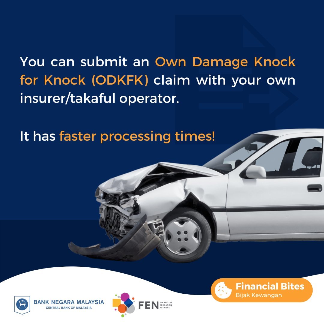 BNM_official's tweet photo. Vehicle accidents can be distressing for all parties involved. However, if you are not at fault, consider filing an Own Damage Knock-for-Knock (ODKFK) claim, instead of claiming from the insurer/takaful operator of the vehicle at fault. 

ODKFK claims are processed much faster! https://t.co/97aoKAHfwu