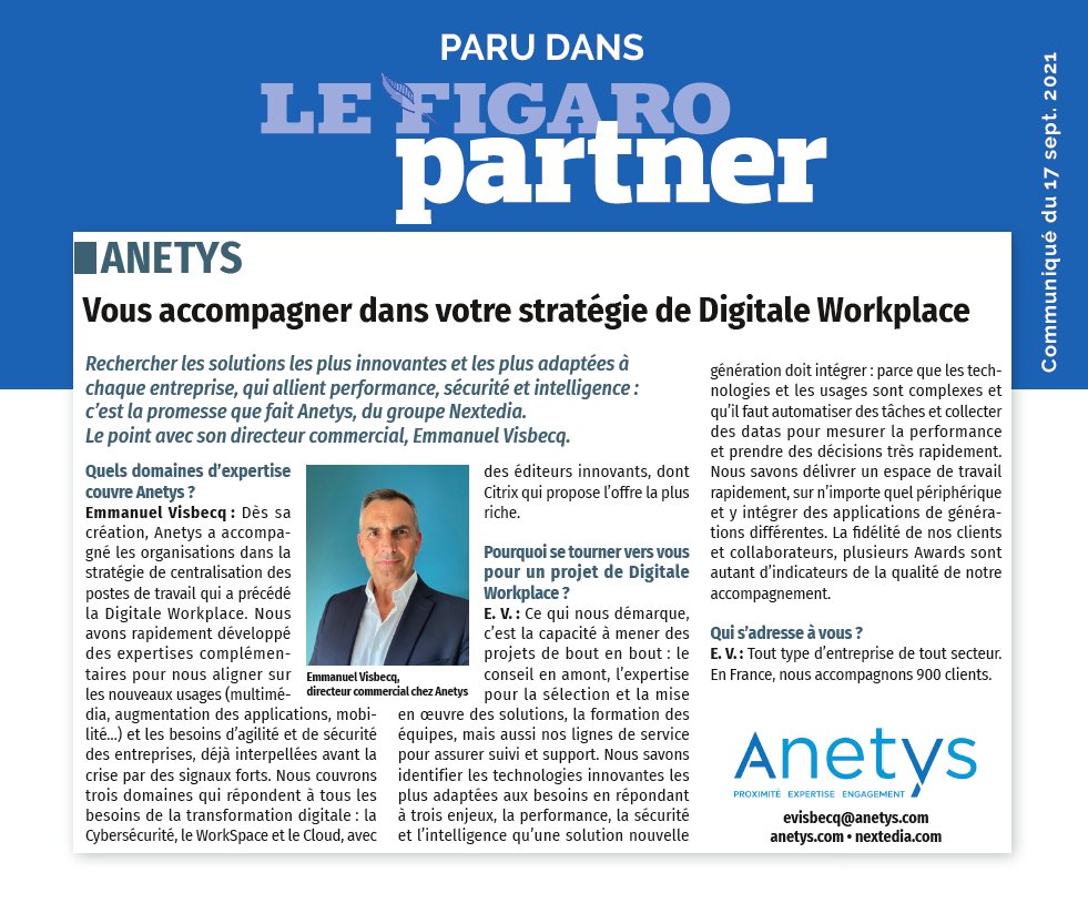 Nextedia's tweet photo. [PRESSE]
Rechercher les solutions les plus innovantes et   adaptées à chaque entreprise, qui allient performance, sécurité &amp; intelligence : c’est la promesse que fait @Anetys_FR, du groupe #Nextedia.
Le point avec son directeur commercial, Emmanuel VISBECQ.https://t.co/l3h3lx5LBk https://t.co/JzRKm6JZR9