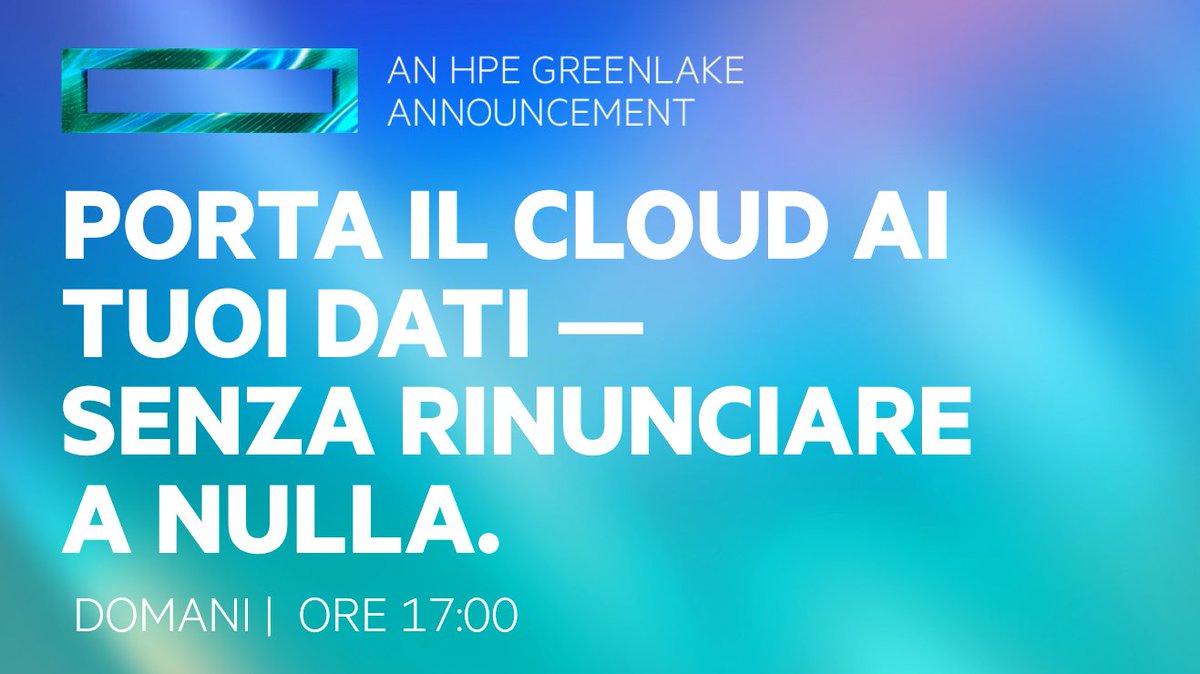 Come estrarre valore da tutti i tuoi dati, non solo da una parte di essi? Domani il nostro CEO <a href="/AntonioNeri_HPE/">Antonio Neri</a> lo rivelerà. Non perderti il nostro speciale annuncio #HPEGreenLake: hpe.to/6010JBcl2 #HPE #cloud