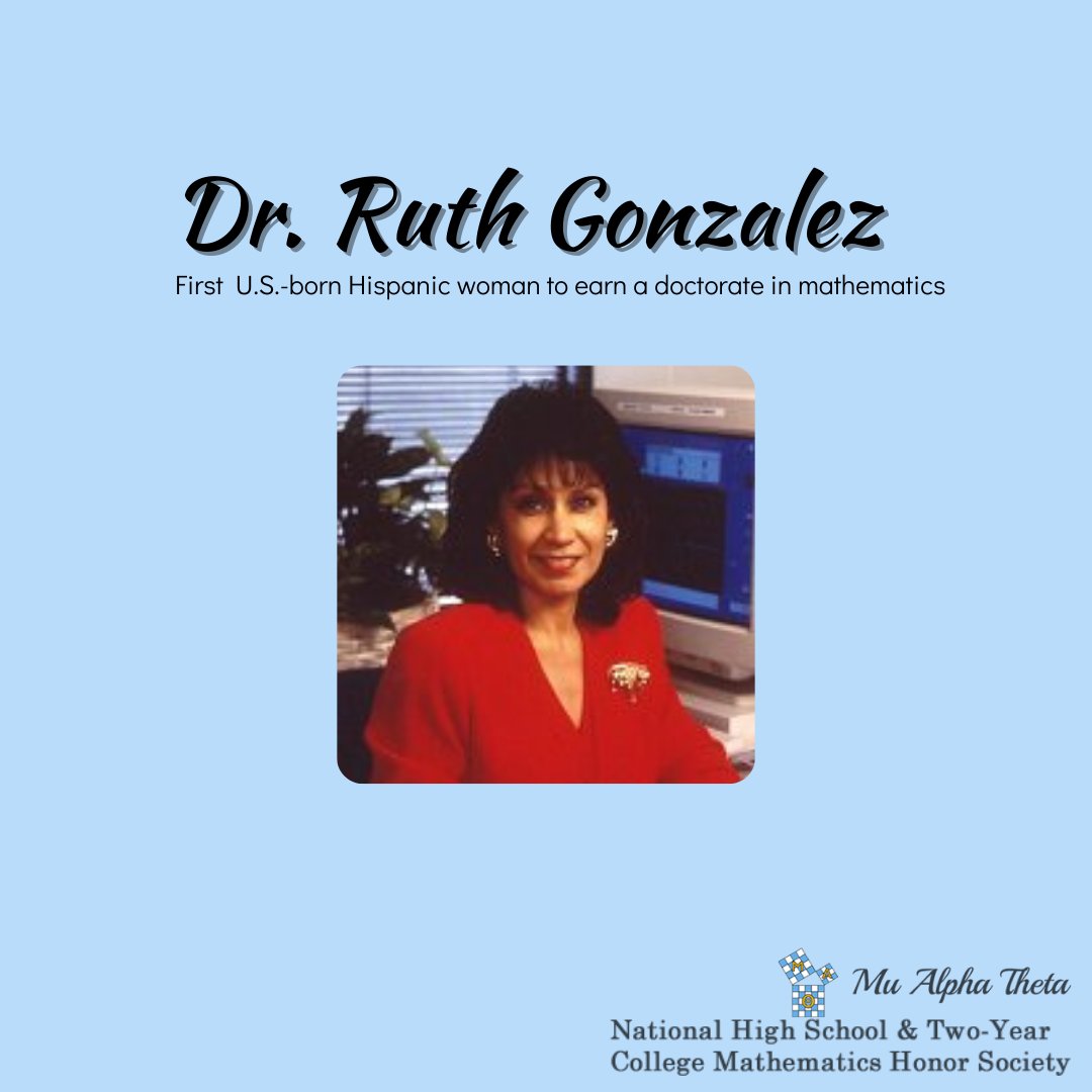 MATNatlOffice's tweet photo. #MathematicianMonday celebrates Dr. Ruth Gonzalez. In 1986, she received her Ph.D. in applied mathematics making her the first U.S.-born Hispanic woman to earn a doctorate in mathematics.
#stem #womeinstem #hispanicheritagemonth https://t.co/KMEG07HIIg