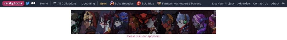 0xVampireNFT's tweet photo. Our featured ad banner is now live on @raritytools.
Check it out 👀 https://t.co/bQlGKCNNso