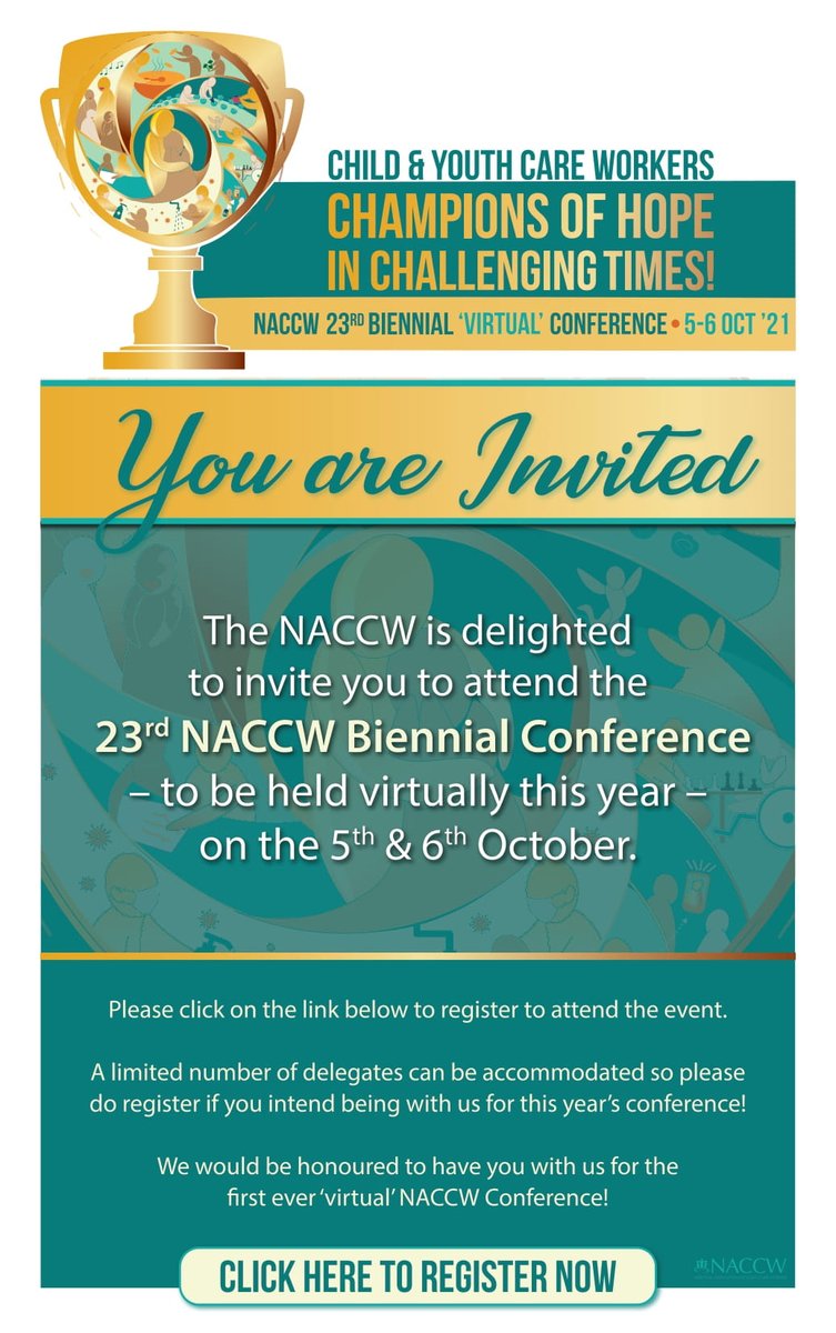NACCW 23RD BIENNIAL VIRTUAL CONFERENCE  FROM 5-6 OCTOBER 2021
Register here: eventapp.co.za/naccwconferenc…