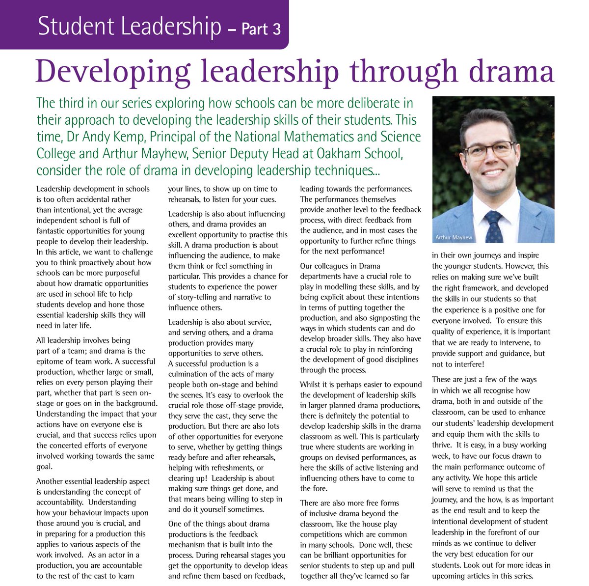 andykemp's tweet photo. Delighted to share the third part in my ongoing series on developing #StudentLeadership in schools for #TheIndependentSchoolsMagazine.  This article focuses on #Drama, and was cowritten with the outstanding #ArthurMayhew of @OakhamSch.

https://t.co/K91MBHc7ne https://t.co/tlnSgF55ZH