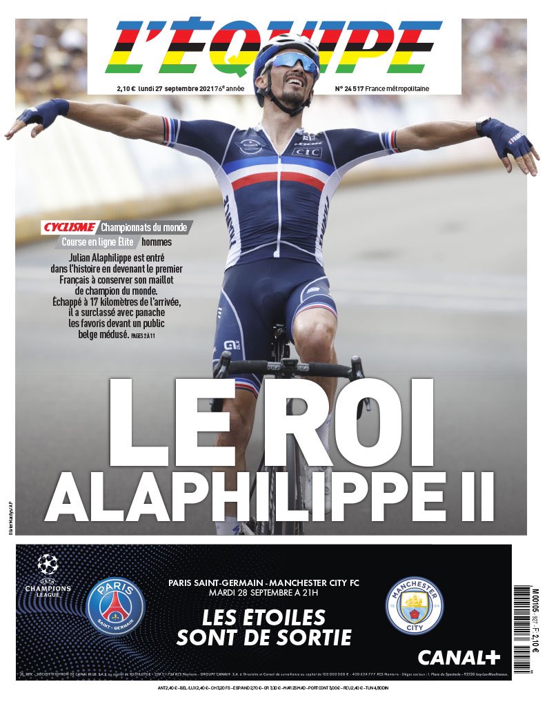 Flying Alaphilippe on the front page of today's L'Equipe. 🦋 #Flanders2021