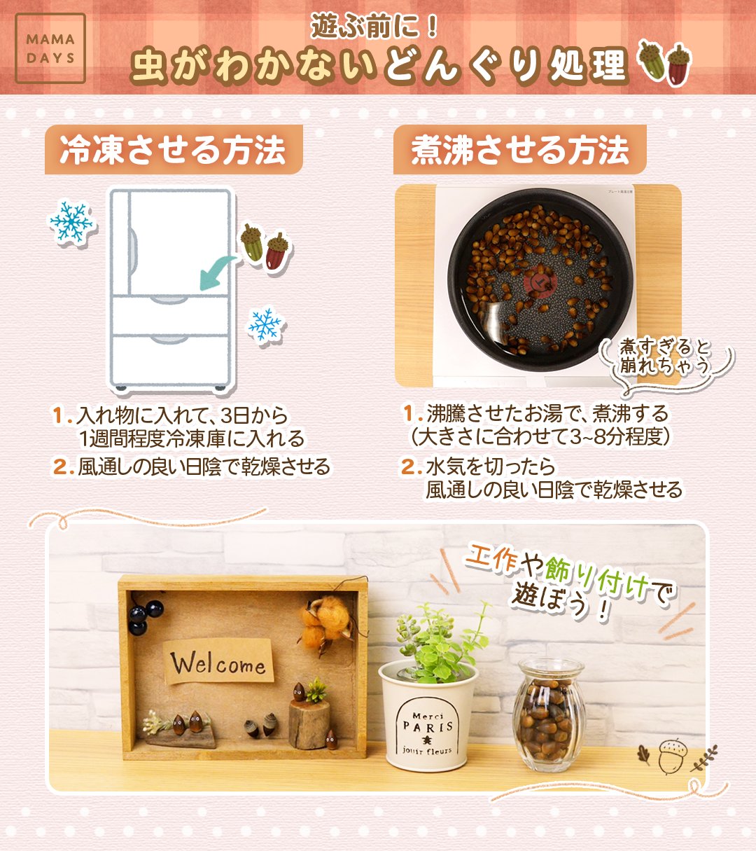 どんぐりで遊ぶ前にちょっと待って 虫がわかない処理方法 Twitter