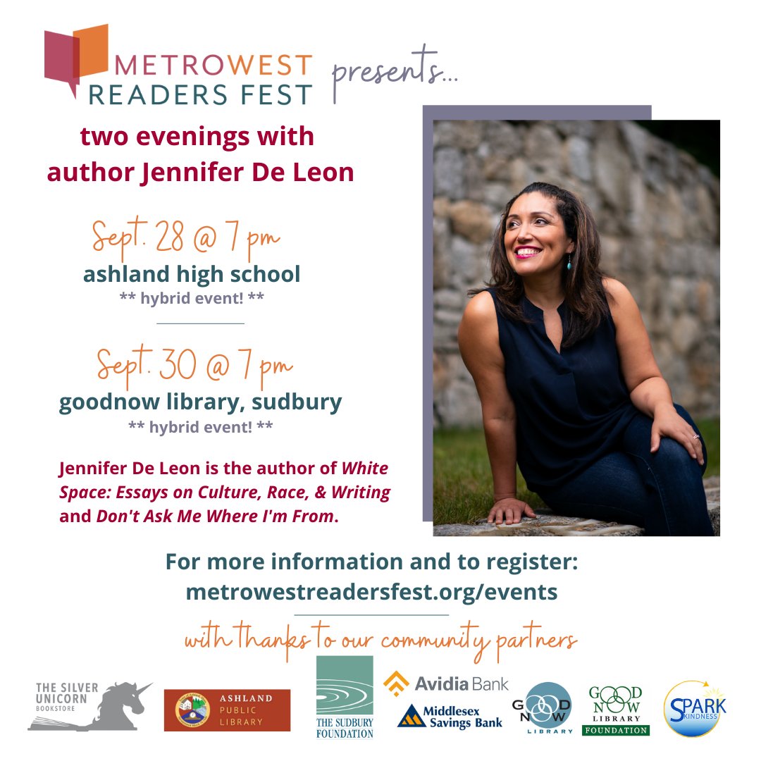 MetroWest Readers Fest presents...Two Evenings with Jennifer De Leon. For more information: metrowestreadersfest.org/events