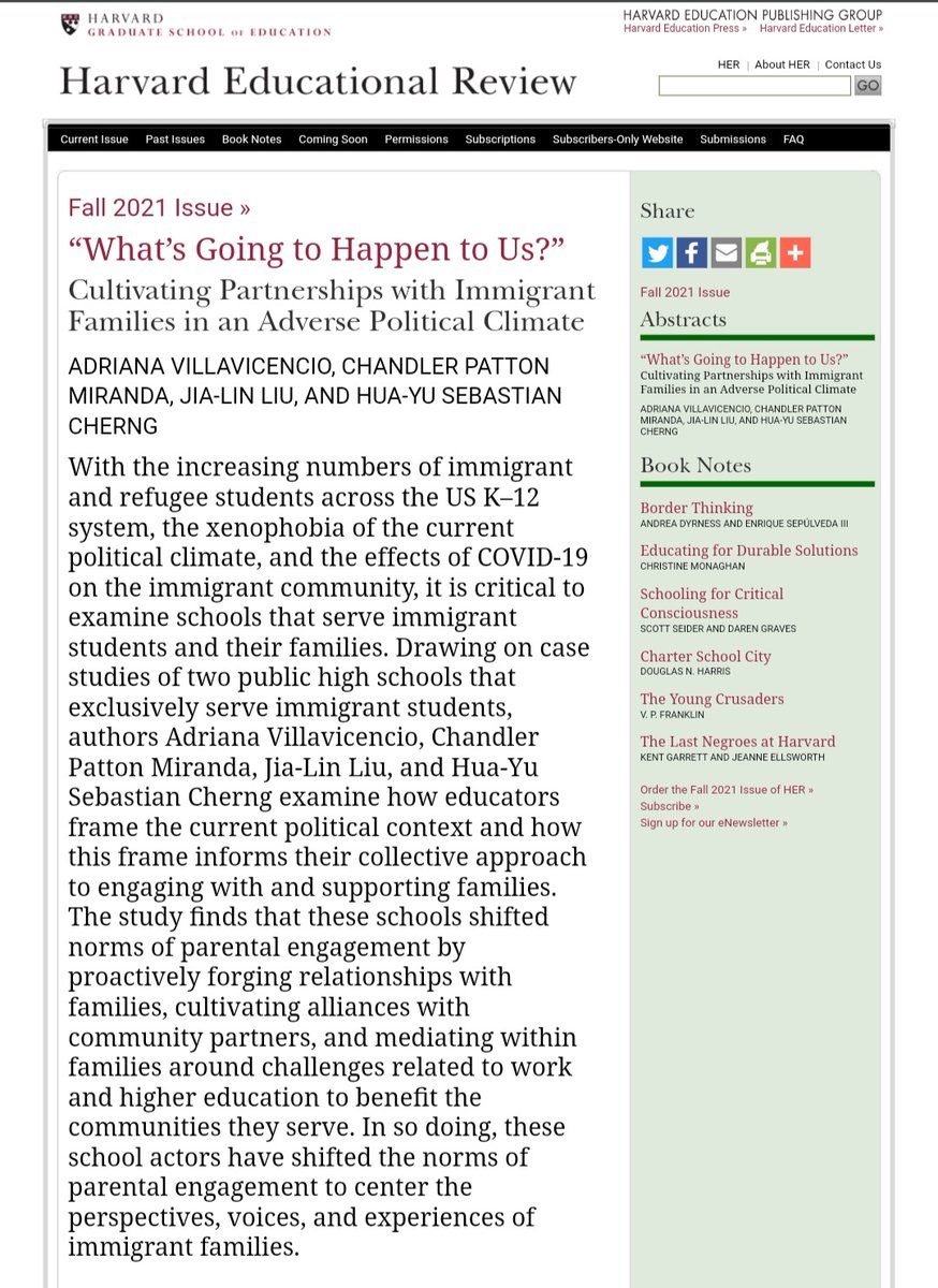Happy to share our NEW PAPER. 🚨 "What's Going to Happen to Us?" Cultivating Partnerships with Immigrant Families in an Adverse Political Climate in the Fall 2021 issue of Harvard Educational Review. 1/2