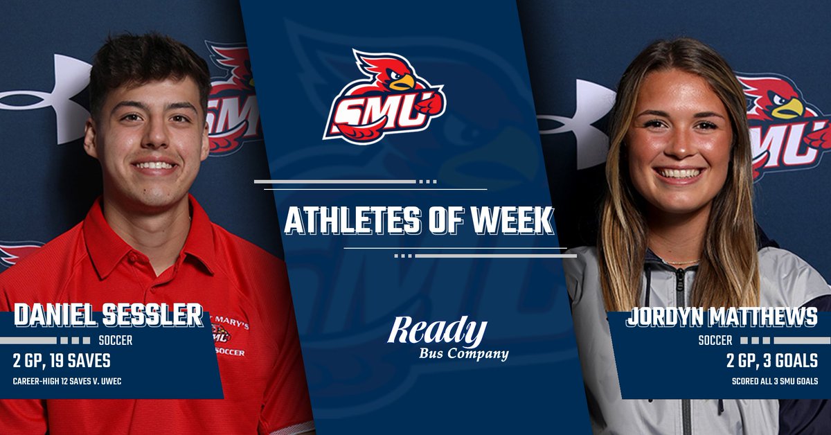 Congrats to this week's Ready Bus Co. Cardinal Athletes of Week: Daniel Sessler &amp; Jordyn Matthews! Sessler had 19 saves in <a href="/SMUMNMensSoccer/">Saint Mary’s MN Men’s Soccer</a>'s 2 games — including career-high 12 v. Eau Claire; Matthews had all 3 <a href="/WSoccerSMUMN/">SMUMN Women's Soccer</a> goals in a win v. <a href="/stkateswildcats/">St. Catherine Athletics</a>  &amp; loss to Stout.