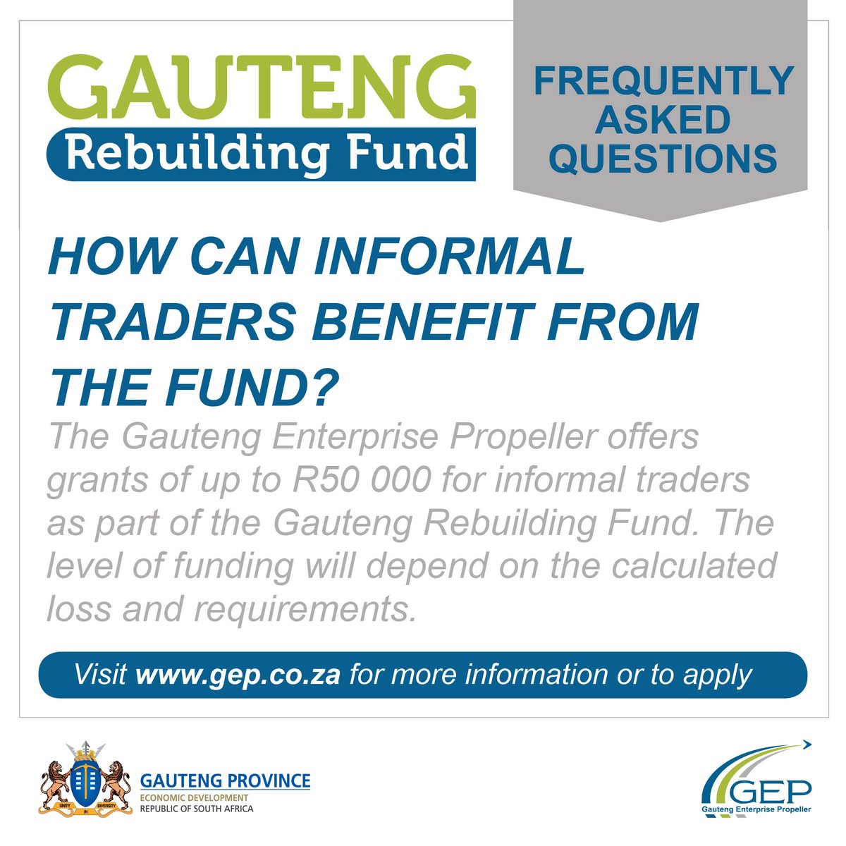 GEP_ZA's tweet photo. The #GautengRebuildingFund offers grants to qualifying informal traders who were affected by looting, and need to get their businesses back on track. If you are one, or know one, help them apply/or apply on https://t.co/8TnN05aXB1 #GrowingGautengTogether https://t.co/a52MHILLe2