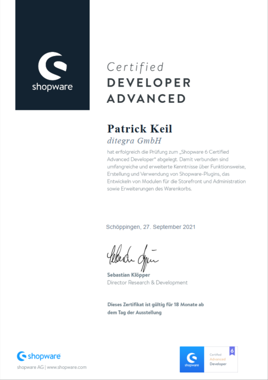 ditegra's tweet photo. Wir gratulieren unserem Senior Entwickler Patrick Keil zum Certified Advanced Developer Zertifikat! 💪 https://t.co/qrQ4VKDHTl