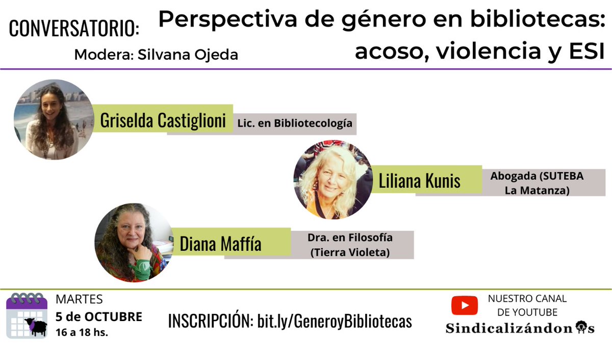 somosSiTBA's tweet photo. ¿Qué es la #ESI, cómo se vincula con las #Bibliotecas? ¿Por qué y cómo nos afecta la #PerspectivaDeGenero en nuestra profesión? ¿Qué hacer si sufro #Acoso y/o #violencia laboral?
Compartimos saberes con las compañeras @dianamaffia  Griselda Castiglione y Liliana Kunis. https://t.co/QnaGlsOfWS