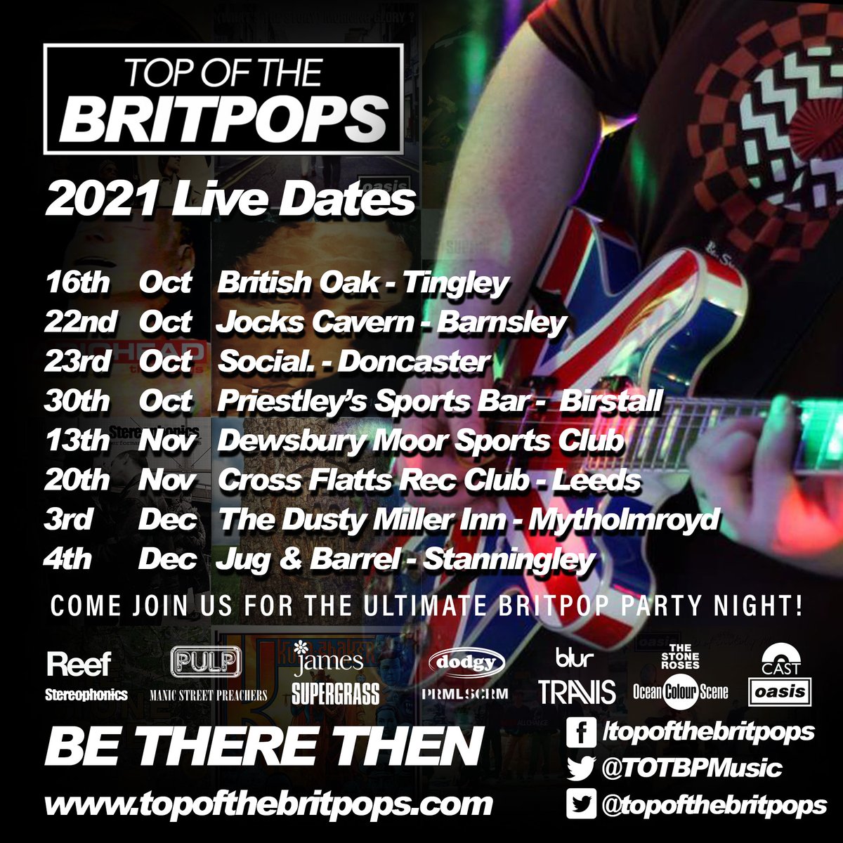 Gig List for 2021
Hope to see you all there!
#Gigs #LeedsGigs #DoncasterGigs #BarnsleyGigs #whatsonLeeds #WhatsonDoncaster #WhatsonBarnsley #LiveMusic #Britpop #Indie #NightsOut