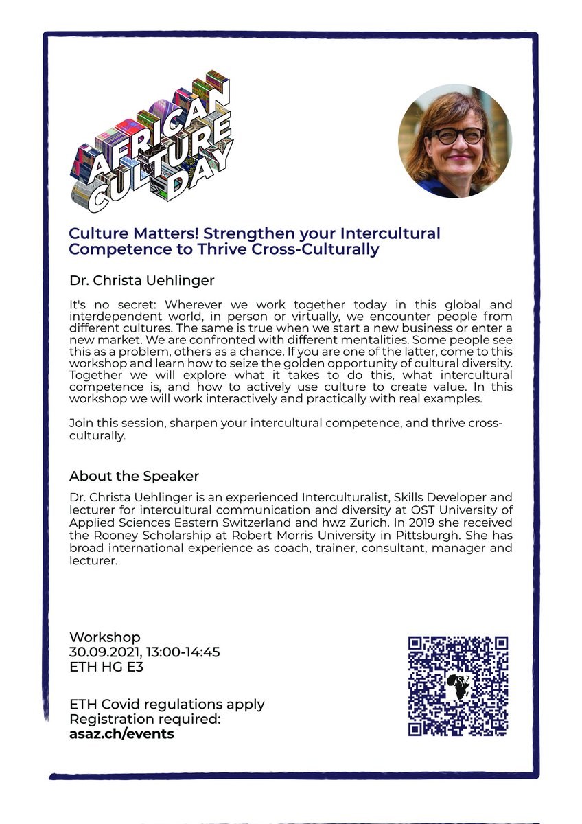 ASA_Zurich's tweet photo. Join us and Dr. Christa Uehlinger, on Thursday 30th September at 1pm (CEST) in person at ETHZ or via Zoom, to learn more about how to strengthen our intercultural competence.
To register please use the QR code on the flyer or the link below
https://t.co/v7EMHzLPM3 https://t.co/wsHM56pz0U