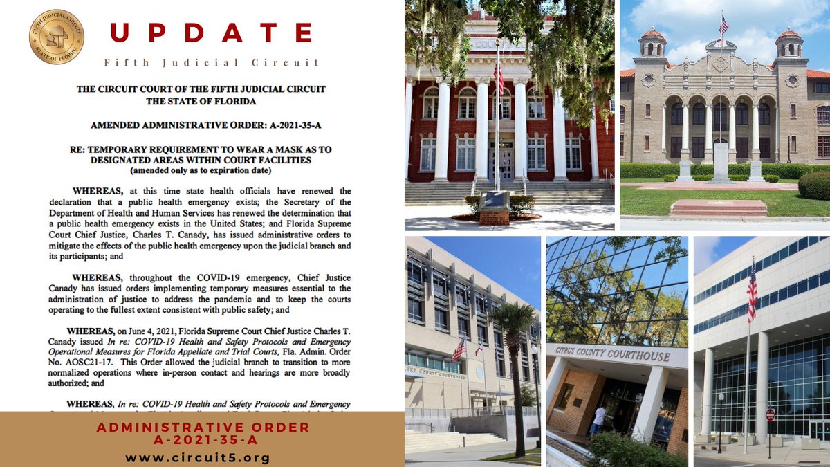 circuit5's tweet photo. Reminder 📌
#Circuit5 is requiring face masks to be worn by all persons during in-court proceedings and in the jury assembly rooms until further notice.
➡To read new Administrative Order- A-2021-35-A, click here: https://t.co/bCnpHIPgD9
 #CourtOperations #COVID19 #MaskMandate https://t.co/zVyDd5OhjA