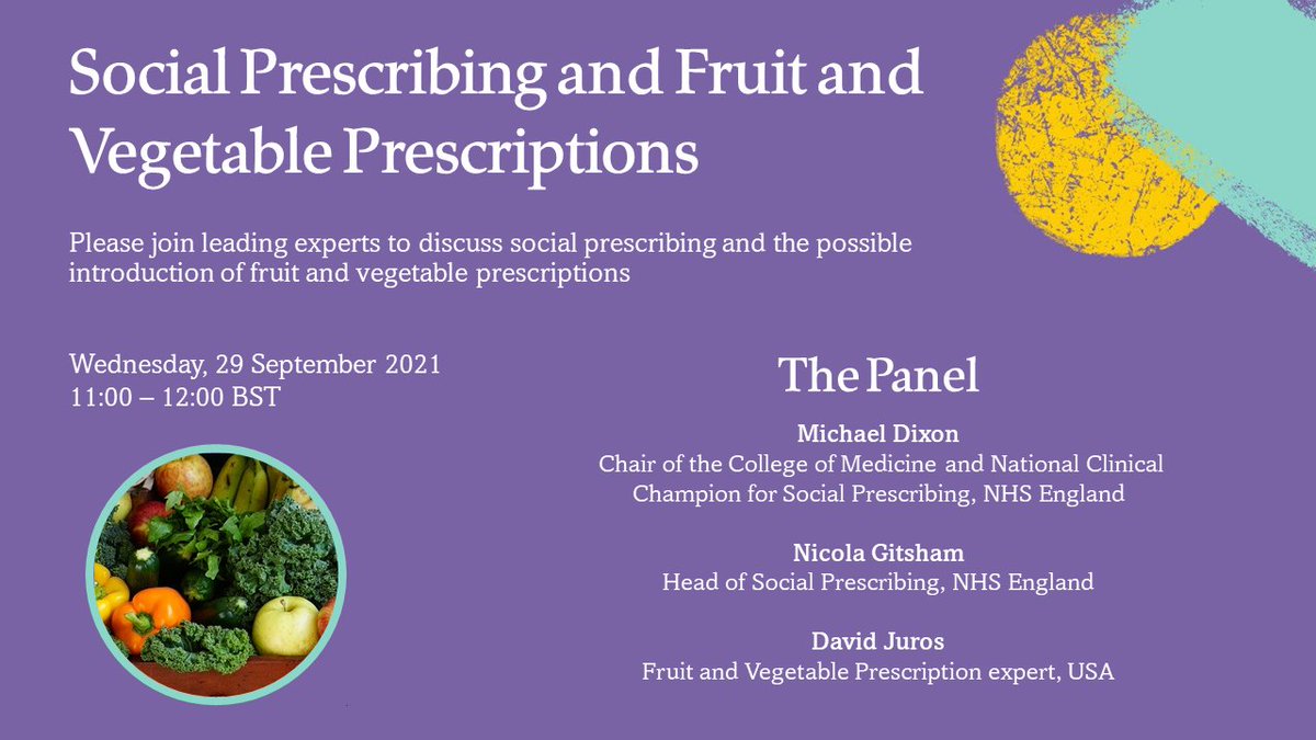 🚨WEBINAR: Fruit and Vegetable Prescriptions🚨

Join a brilliant panel of experts to discuss social prescribing and the possible introduction of fruit and vegetable prescriptions!

Register here👉 eventbrite.co.uk/e/social-presc…