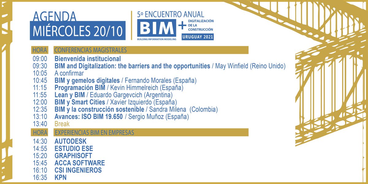 CNDUruguay's tweet photo. 📣 Conocé la agenda del 5º Encuentro Anual BIM + Digitalización de la construcción. Contaremos con calificados speakers internacionales/locales. Agradecemos a nuestros sponsors y empresas patrocinadoras.
📆20 y 21 de oct
🔗Inscripción: https://t.co/8wzxovu24v https://t.co/7G6p2ylgTU