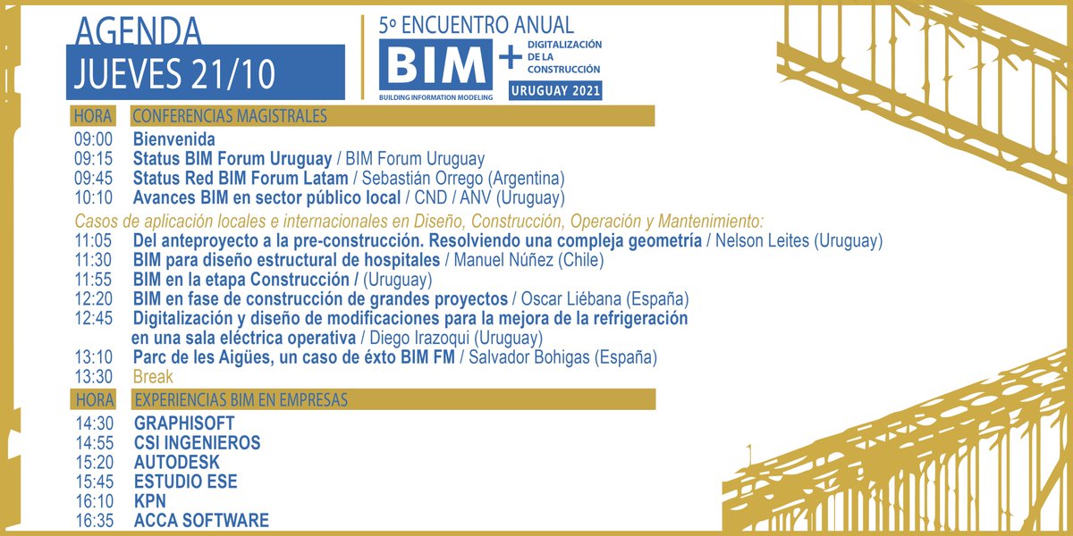 CNDUruguay's tweet photo. 📣 Conocé la agenda del 5º Encuentro Anual BIM + Digitalización de la construcción. Contaremos con calificados speakers internacionales/locales. Agradecemos a nuestros sponsors y empresas patrocinadoras.
📆20 y 21 de oct
🔗Inscripción: https://t.co/8wzxovu24v https://t.co/7G6p2ylgTU