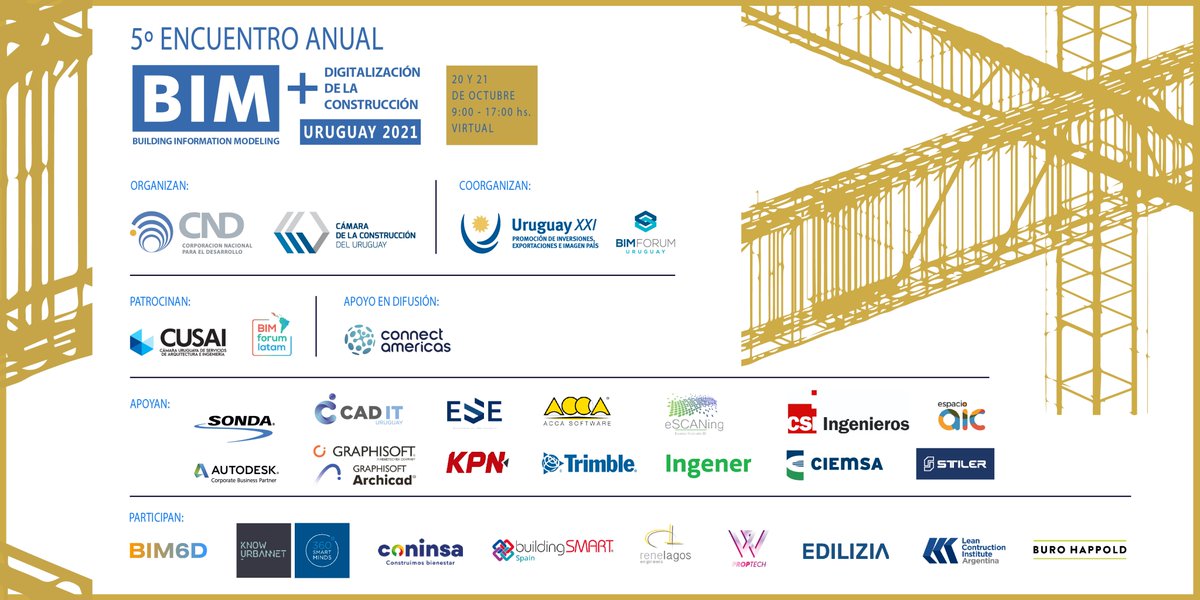 CNDUruguay's tweet photo. 📣 Conocé la agenda del 5º Encuentro Anual BIM + Digitalización de la construcción. Contaremos con calificados speakers internacionales/locales. Agradecemos a nuestros sponsors y empresas patrocinadoras.
📆20 y 21 de oct
🔗Inscripción: https://t.co/8wzxovu24v https://t.co/7G6p2ylgTU