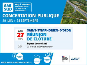 A46Sud's tweet photo. [#Agenda] Rendez-vous aujourd’hui lundi 27 septembre dès 20h Espace Louise Labé de #StSymphorienDozon pour la #ReunionDeClôture de la #concertation #A46SUD. Et pour donner son avis c'est ICI jusqu'au 28/9 https://t.co/tDCb2Bidgx https://t.co/zCKhswiout