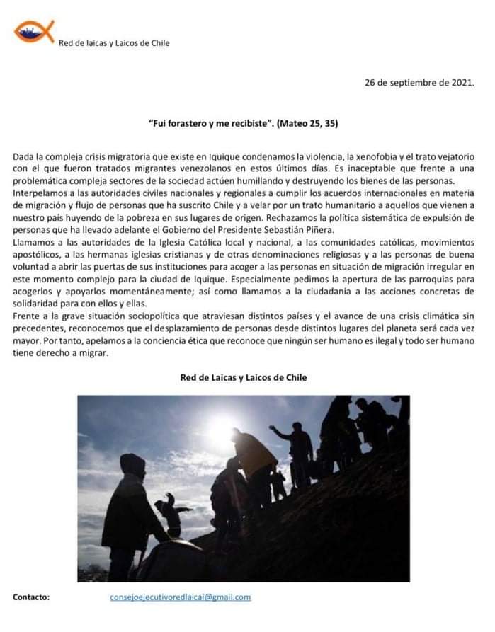 redlaicalconce's tweet photo. Como Red de Laicas y Laicos de Chile, no podemos permanecer indiferentes al dolor de nuestr@s herman@s migrantes y declaramos lo siguiente 👇 https://t.co/QAQAUeUPPv