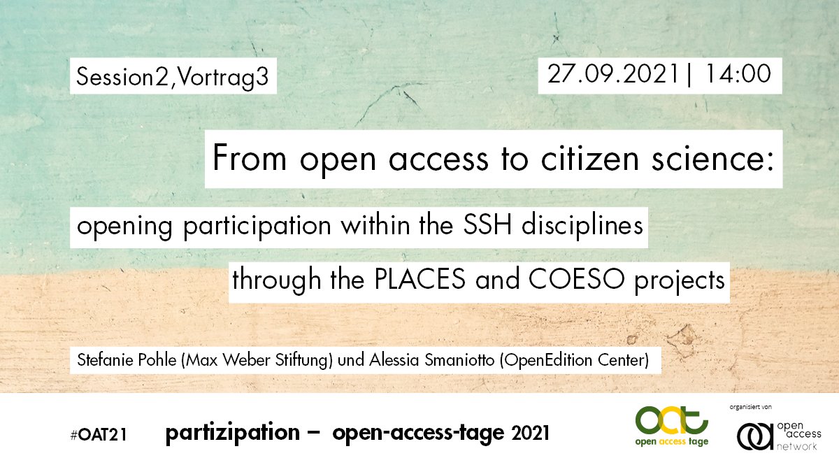 OATage's tweet photo. Spannendes Thema: #CitizienScience.
@StefaniePohle (@webertweets) und @selasia (@OpenEditionNews) stellen zwei Projekte vor: https://t.co/E2BuNmNjFe und
https://t.co/wLNZ6sl5T8
#OAT21 https://t.co/h6cQNi6sOP