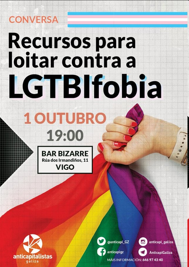 🏳️‍⚧️🏳️‍🌈Los derechos #LGTBIQ no son un favor de los políticos ni un regalo, son el resultado de organizarse y pelear por lo que nos corresponde.

▶️Este viernes 1 de Octubre a las 19h en #Vigo: "Taller: Recursos para luchas contra la #LGTBIfobia".