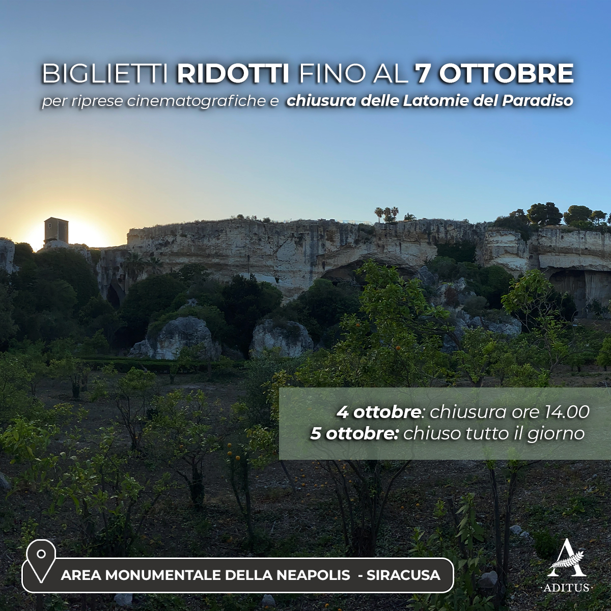 AditusCulture's tweet photo. Da oggi fino al 7 ottobre l'ingresso all'Area Monumentale della Neapolis sarà a biglietto ridotto per la chiusura delle Latomie del Paradiso per riprese cinematografiche. Il Parco resterà totalmente chiuso dal 4 ottobre alle ore 14.00 e per tutto il giorno del 5 🔸 @ArcheOrsi https://t.co/rvQxj54IDm