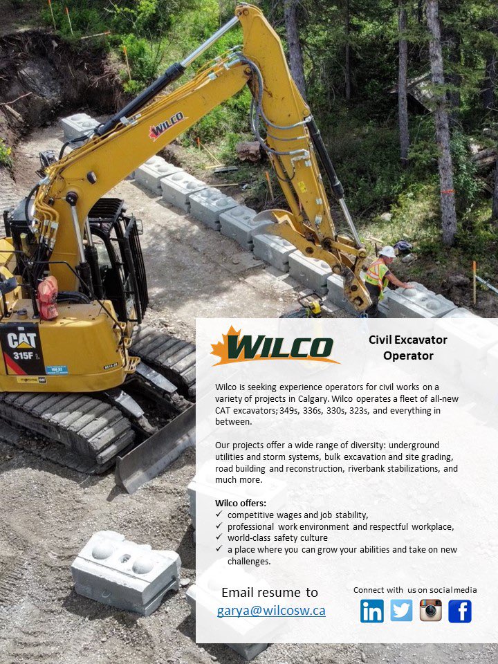 WilcoSouthwest's tweet photo. Wilco is looking for an experienced civil excavator operator! #calgaryjobs #yycjobs #calgaryconstruction #yyc #calgary https://t.co/bgjFBBzMkh