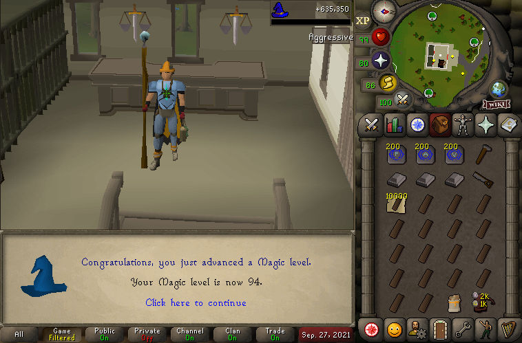 Had no luck with drops recently so I've decided to aim for 99 con😁I thought prepping took a while then realised I actually have to train the skill too🙃 I also hit 94 magic which is huge, feels like it took ages from 93 seeing as I alch, spin flax, tele, and barrage, A LOT😅