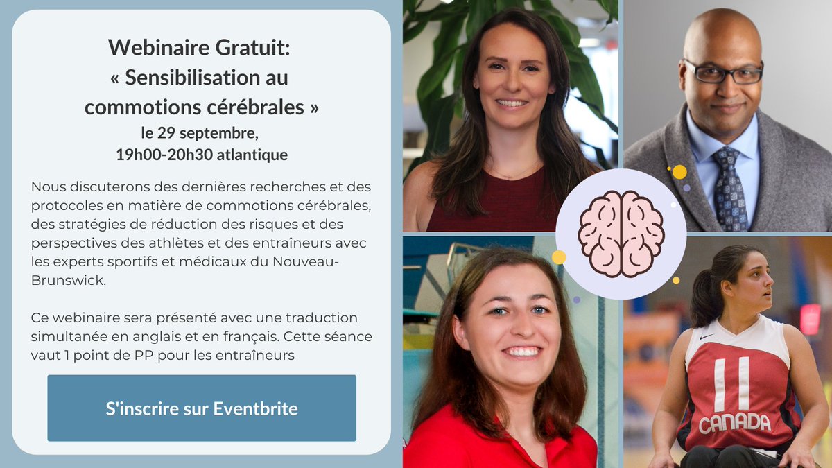 TraumaNB's tweet photo. Rejoignez notre propre Dr Richard Louis; Stephanie Cowle, Parachute Canada; et Sabrina Durepos, paralympienne et entraîneure de basketball en fauteuil roulant pour un webinaire GRATUIT en direct le 29 septembre. #CommotionsCérébrales #CommotionNB
https://t.co/vif79rYVCf https://t.co/nwsDZmwJws