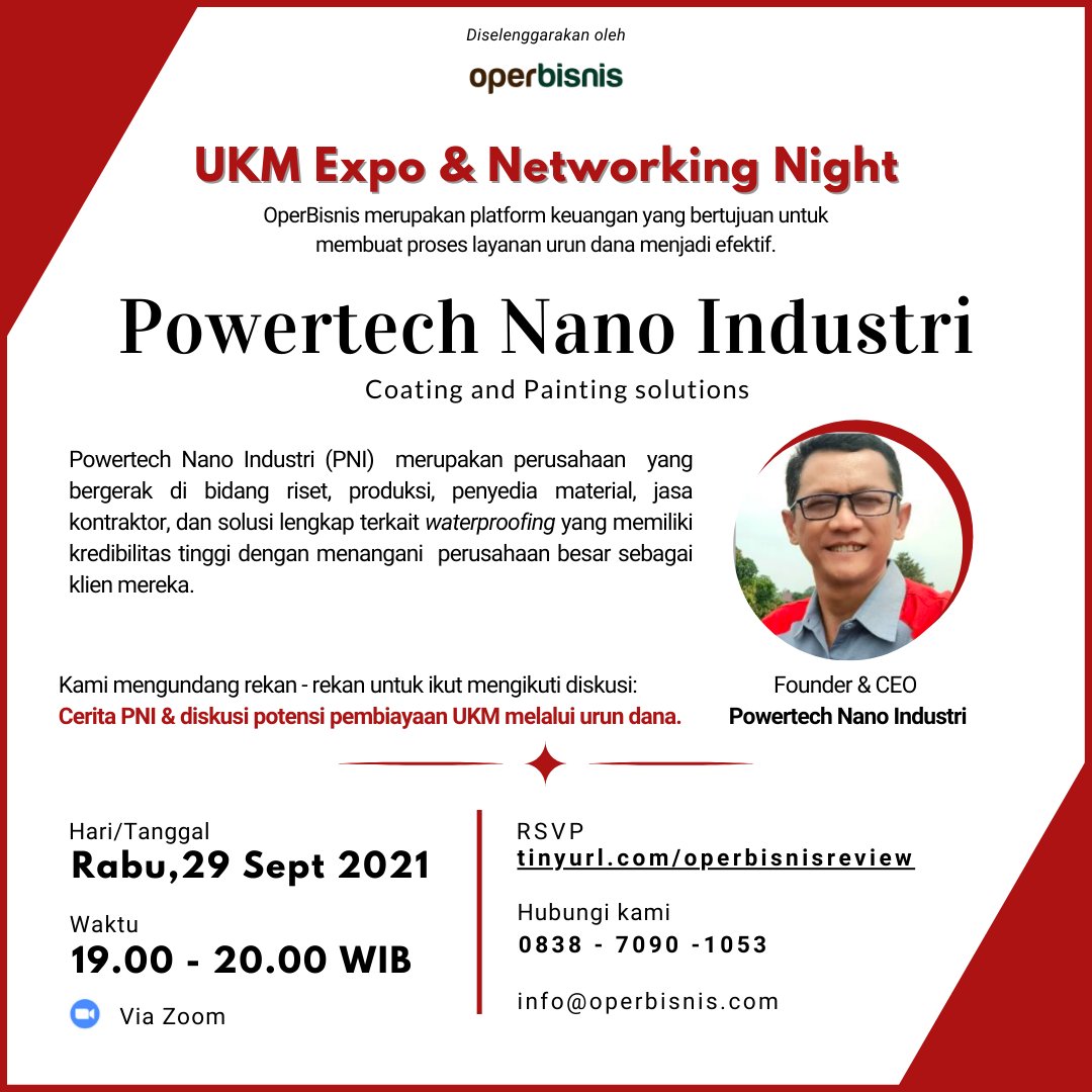 OperBisnis's tweet photo. [2 HARI LAGI]

Jangan lewatkan UKM Expo &amp; Networking Night, pitching dan diskusi potensi pembiayaan alternatif UKM melalui layanan urun dana oleh Pak Firdaus (CEO &amp; Founder PNI) dan Mei (CEO &amp; Founder OperBisnis). Daftar di https://t.co/HS6OYq3iZc https://t.co/TNikOo4tu2