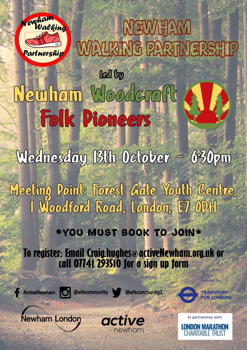 aNCommunity1's tweet photo. Donβt forget to sign up to our upcoming Nature walk, led by the @newhamwoodcraft folk pioneers.
https://t.co/Lwl1NAle0g
Wednesday 13th October - 6:30 meet up at Forest Gate Youth Zone
#NewhamWoodcraft #activeNewham #NewhamWalking
@activeNewham @NewhamLondon @GroundworkLON https://t.co/LdVCedsCHT