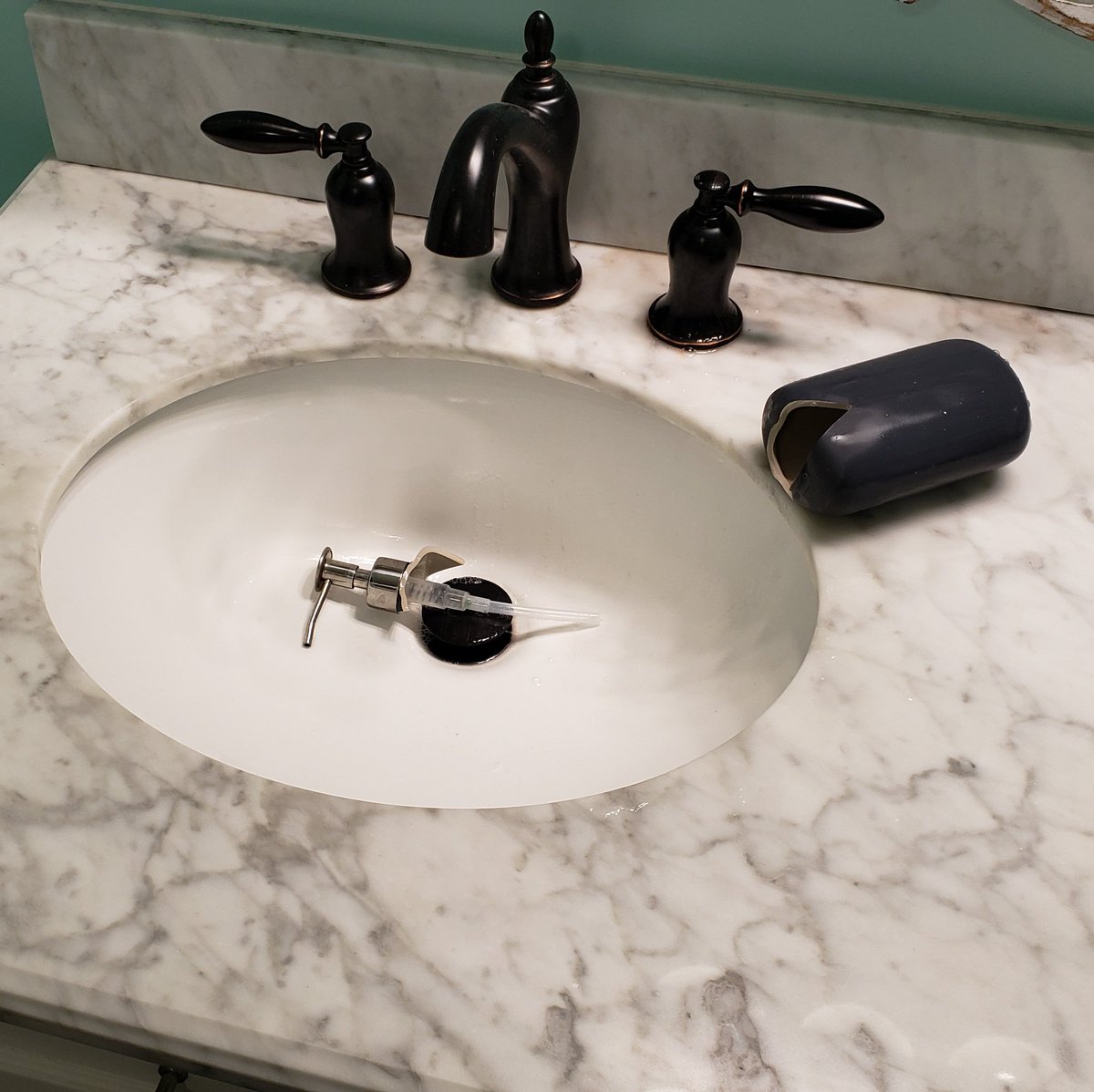 XplodingUnicorn's tweet photo. To avoid waking up my wife, I didn't turn on the bathroom light in the middle of the night.

But then I couldn't see when I was washing my hands and I broke her soap dispenser.

Marriage is hard. https://t.co/owSuQFf09j