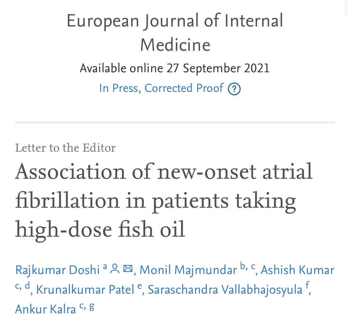 AnkurKalraMD's tweet photo. ⬆️ new-onset #afib in patients taking high-dose fish oil; meta-analysis of OMEMI, REDUCE-IT, VITAL, &amp; STRENGTH—higher rates of #afib compared with placebo (⚠️ ascertainment bias); out now in @EJIM_journal by @raj20490, @MonilMajmundar, &amp; @Ashish_Kumar_MD https://t.co/F65XelKMwx https://t.co/iNlNzKXtUO