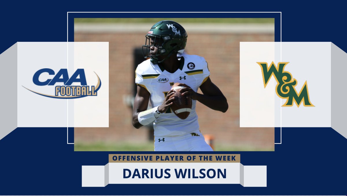 CAAFootball's tweet photo. 🏈 #CAAFB Offensive Player of the Week

Darius Wilson accounted for 293 yards of total offense and three touchdowns to lead @WMTribeFootball to a 34-31 road victory at Elon https://t.co/UU9R0oDPZa