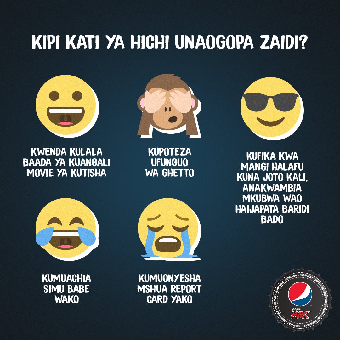 Pepsi_TZ's tweet photo. Comment emoji inayoendana na unachoogopa zaidi๐
#mkubwawaokwajero inapatikana mikoa ya #daressalaam , #arusha , #mwanza na #morogoro kwa sasa.
#PepsiMax
#IshiMpakaMax
#jerotu https://t.co/GcsGxCoWa4