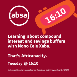 Set your reminders for the #AbsaMoneyWellness feature brought to you by @AbsaSouthAfrica on #JustDrive with @Itubanda and @DeeNkomo_ tomorrow afternoon. Entrepreneur, TV Producer & Financially Savvy Mom, @Nono_Cele will teach you about compound interest and saving buffers.