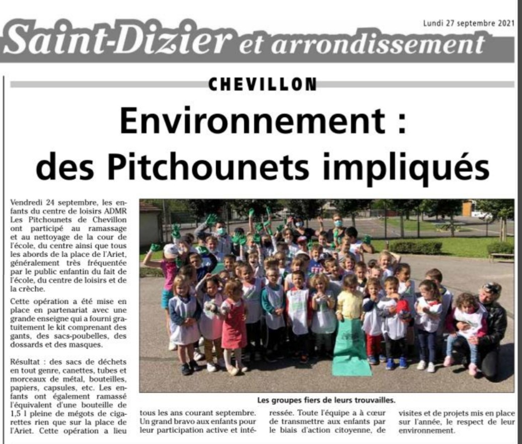 HauteMarne_ADMR's tweet photo. 🌿Opération Nettoyons la nature 
Bravo aux enfants du centre de loisirs Admr Pitchounets de l' #ADMR de #Chevillon qui ont participé au ramassage des déchets aux alentours de la place de l'Ariet.
(article JHM 27/9/1)
#pourtoustoutelaviepartout #environnement #nettoyonslanature https://t.co/GliHL5tc2J