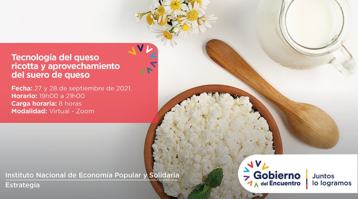 💻📲 ¡Eres actor de la #EPS, aprovecha tu tiempo y #CapacítateOnline! Te invitamos a la capacitación virtual sobre “Tecnologías del queso ricotta y aprovechamiento del suero de queso" 👩‍💻👨‍💻

🗓️ 27 y 28 de septiembre
⏰ De 19h00 a 21h00
Inscríbete 👉 https: bit.ly/2Y4vz3t